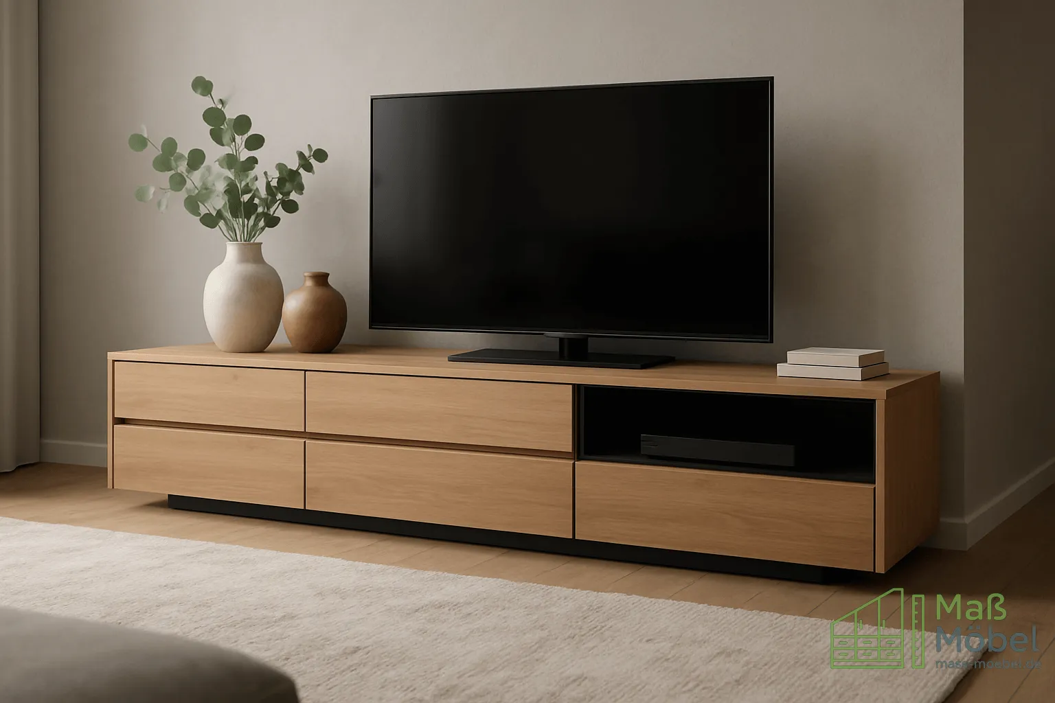 Moderne maßgefertigte Einbauküche in Holzoptik mit großzügiger Arbeitsfläche, Schreinerei Reinhardt Kassel