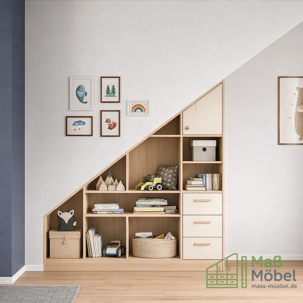 Maßgefertigtes Holz-Einbauregal unter Dachschräge im Kinderzimmer mit offenen Fächern, Schubladen und dekorativen Aufbewahrungsboxen.