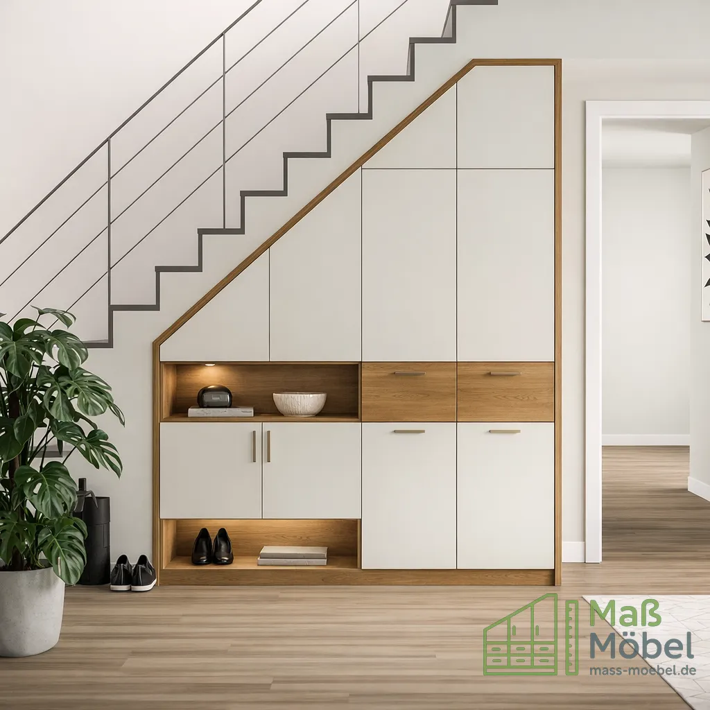 Moderner Einbauschrank unter Treppe in Weiß und Holzoptik mit geschlossenen Fronten, offenen Ablagefächern und integrierter Beleuchtung.