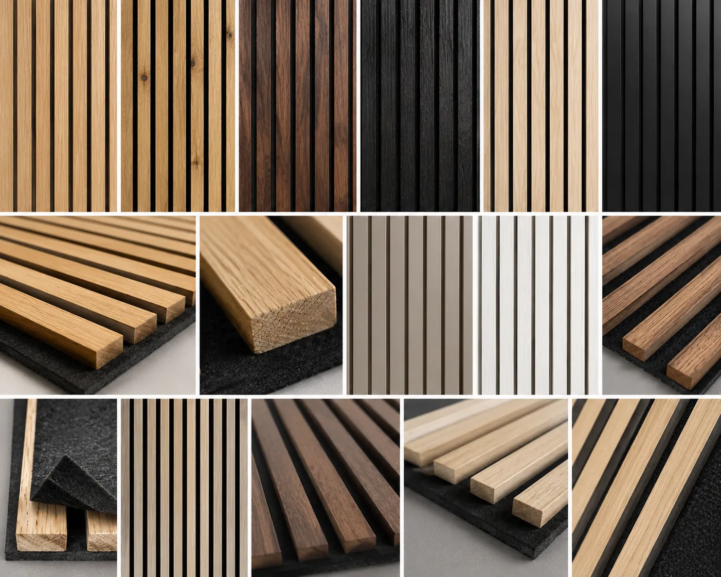 Übersicht verschiedener Akustikpaneele aus Holz mit unterschiedlichen Oberflächen
