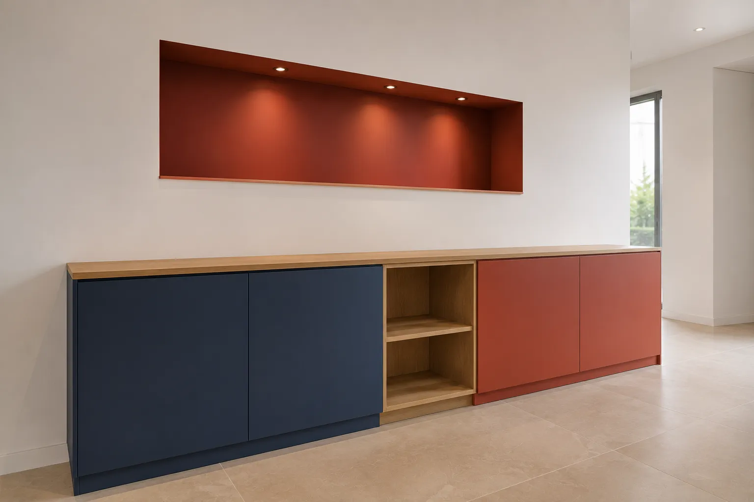 Design Sideboard in Indigoblau, Rostrot und Eiche für einen Flur in Kassel
