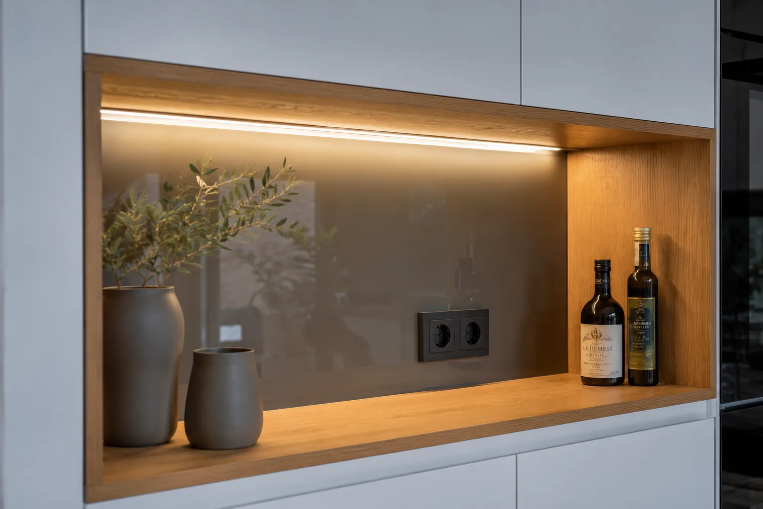 LED beleuchtete Küchennische mit Glasrückwand in einer Schreinerküche