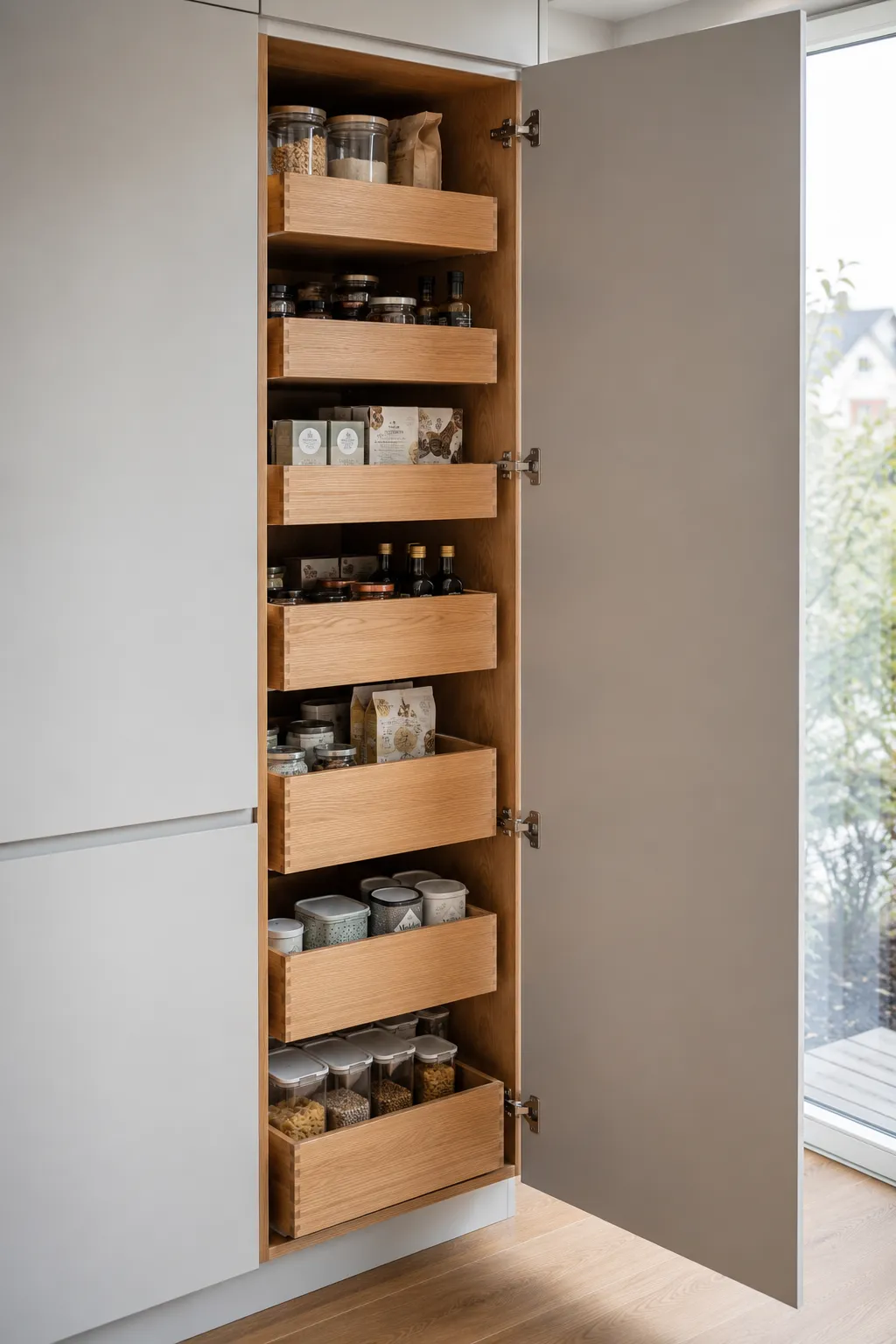 Vorratshochschrank mit Innenauszügen in einer Küche nach Maß