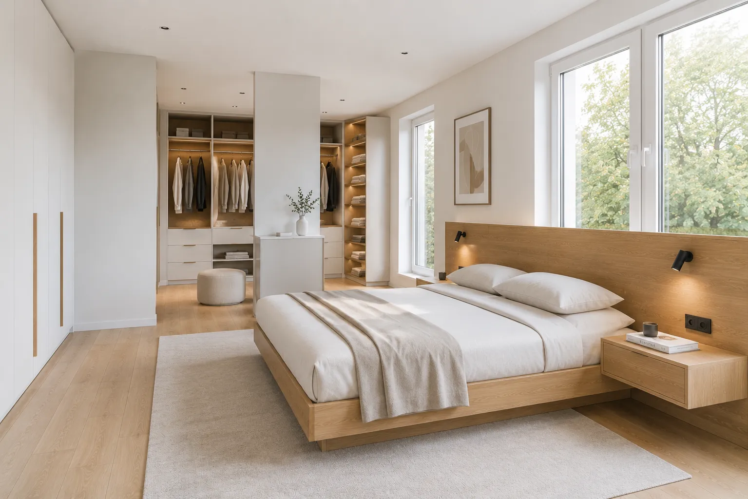 Schlafzimmer mit Bettanlage und offener Ankleide nach Maß in Kassel