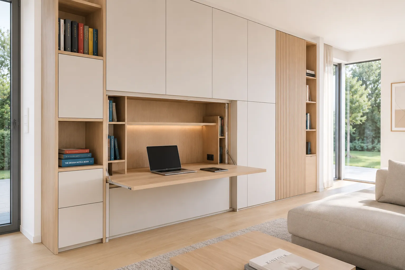 Homeoffice im Wohnzimmer nach Maß mit integriertem Arbeitsplatz