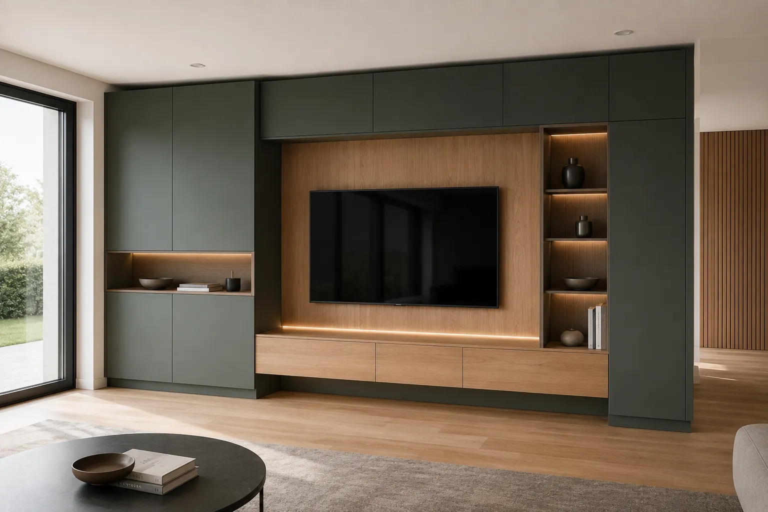 TV Wand nach Maß mit Fenix Verde Comodoro und Eiche