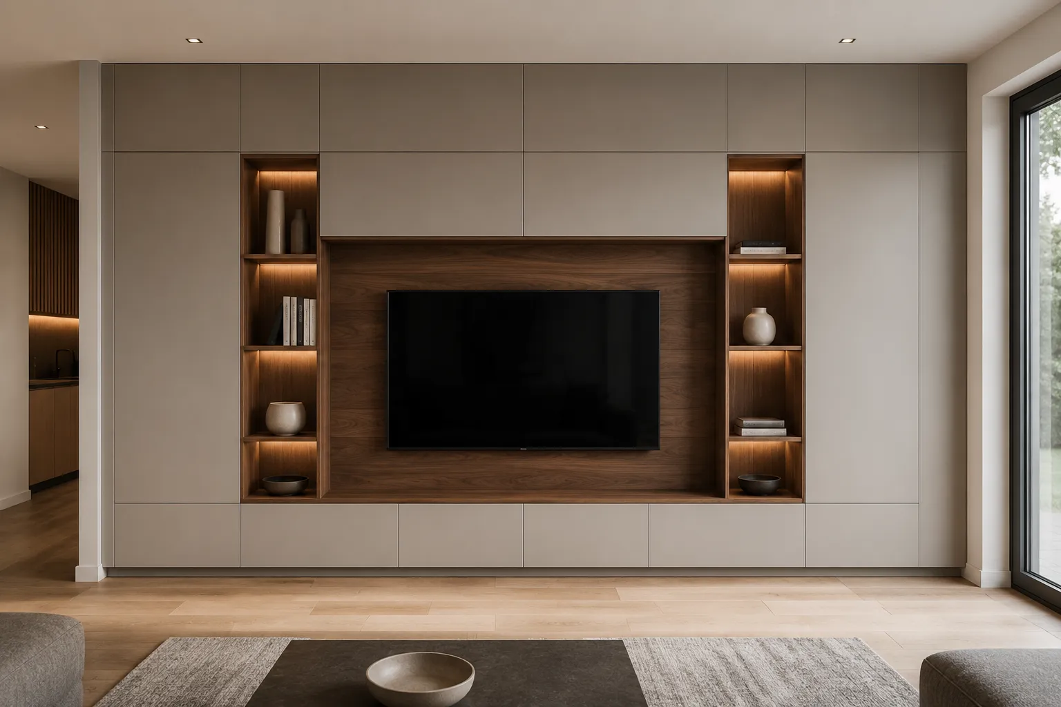 Wohnwand nach Maß mit TV Wand in Kaschmirgrau und Nussbaum in Kassel